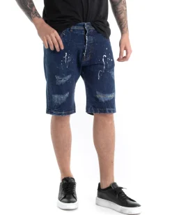 Bermuda Pantaloncini Uomo Corti Jeans Cinque Tasche Con Rotture Regular Fit Sfumato Denim Macchie Pittura GIOSAL-PC1817A