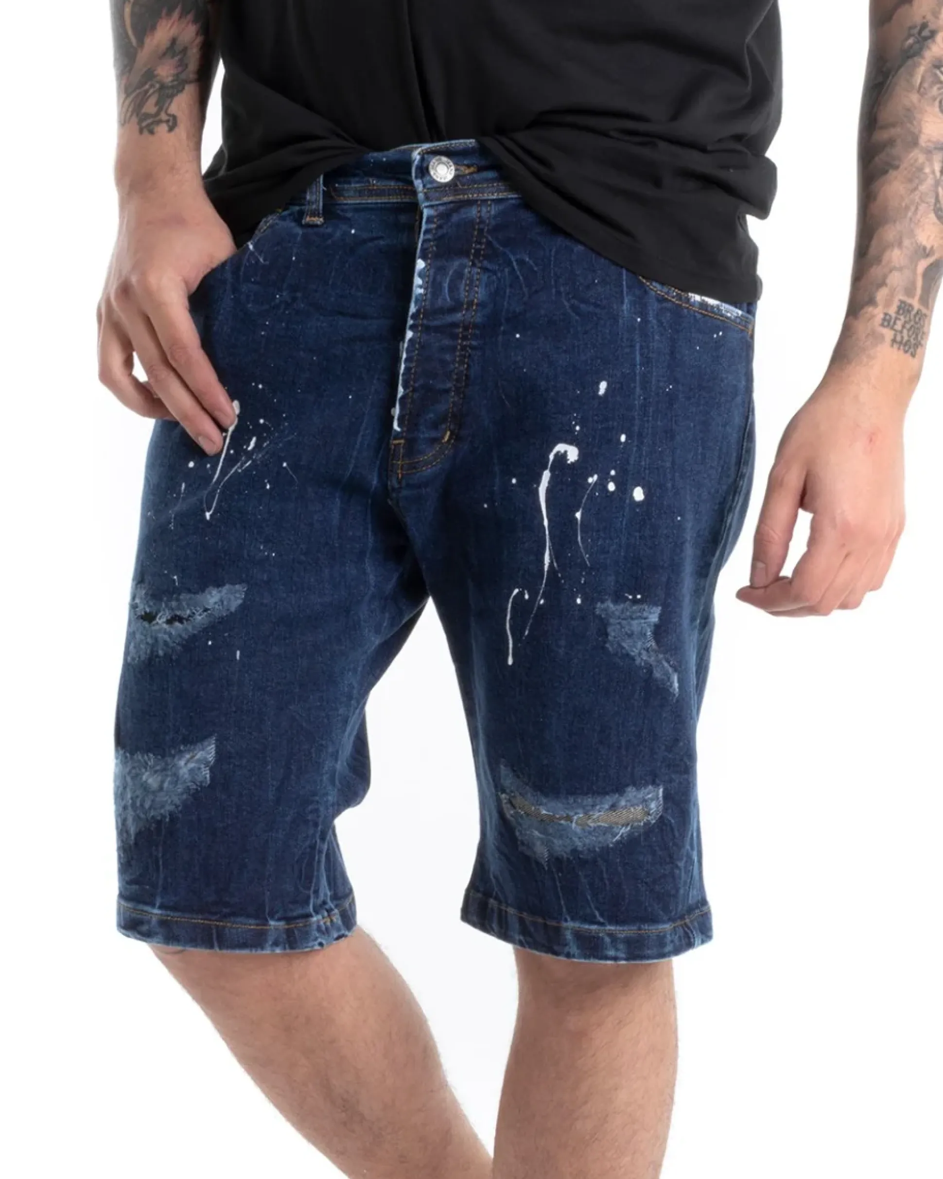 Bermuda Pantaloncini Uomo Corti Jeans Cinque Tasche Con Rotture Regular Fit Sfumato Denim Macchie Pittura GIOSAL-PC1817A