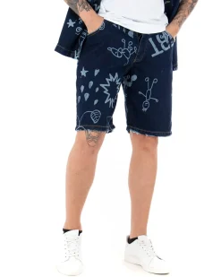 Bermuda Pantaloncini Uomo Corti Jeans Cinque Tasche Casual Regular Fit Stampa Graffiti Printed Denim Scuro GIOSAL-PC1767A