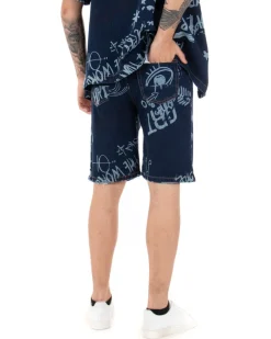 Bermuda Pantaloncini Uomo Corti Jeans Cinque Tasche Casual Regular Fit Stampa Graffiti Printed Denim Scuro GIOSAL-PC1767A