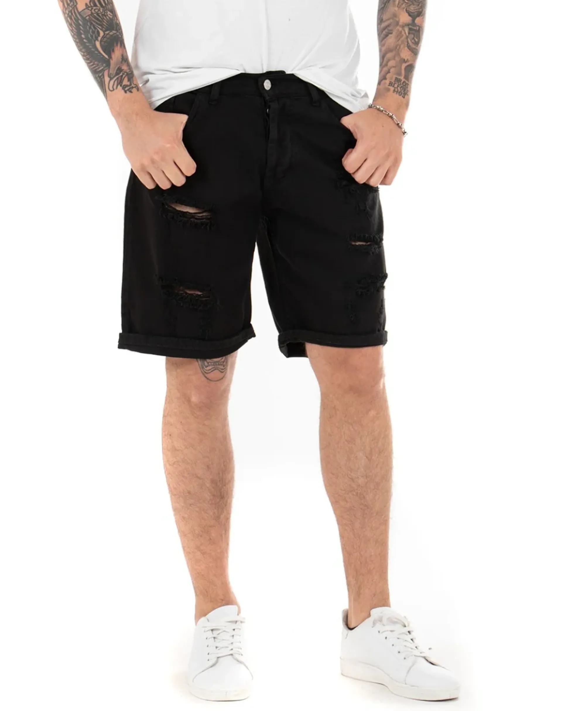 Bermuda Pantaloncini Uomo Corti Comodi Con Rotture Cinque Tasche Regular Fit Casual Tinta Unita Nero GIOSAL-PC1761A