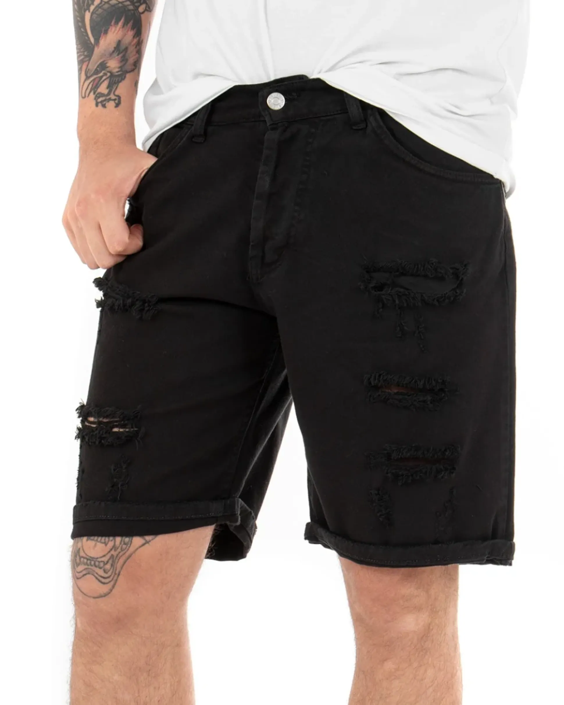 Bermuda Pantaloncini Uomo Corti Comodi Con Rotture Cinque Tasche Regular Fit Casual Tinta Unita Nero GIOSAL-PC1761A