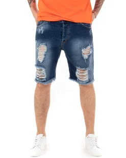 Bermuda Pantaloncini Uomo Corti Jeans Regular Fit Casual Con Rotture Cinque Tasche Denim Sfumato GIOSAL-PC1700A