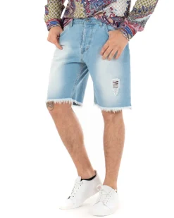 Bermuda Pantaloncini Uomo Corti Jeans Rotture Cinque Tasche Sfrangiato Casual Denim Chiaro GIOSAL-PC1850A