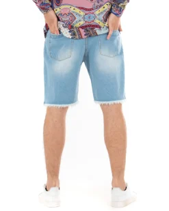 Bermuda Pantaloncini Uomo Corti Jeans Rotture Cinque Tasche Sfrangiato Casual Denim Chiaro GIOSAL-PC1850A