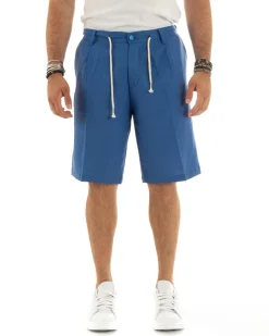 Bermuda Pantaloncini Uomo Corti Lino Sartoriale Con Laccetto Blu Royal GIOSAL-PC1927A