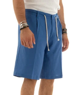 Bermuda Pantaloncini Uomo Corti Lino Sartoriale Con Laccetto Blu Royal GIOSAL-PC1927A
