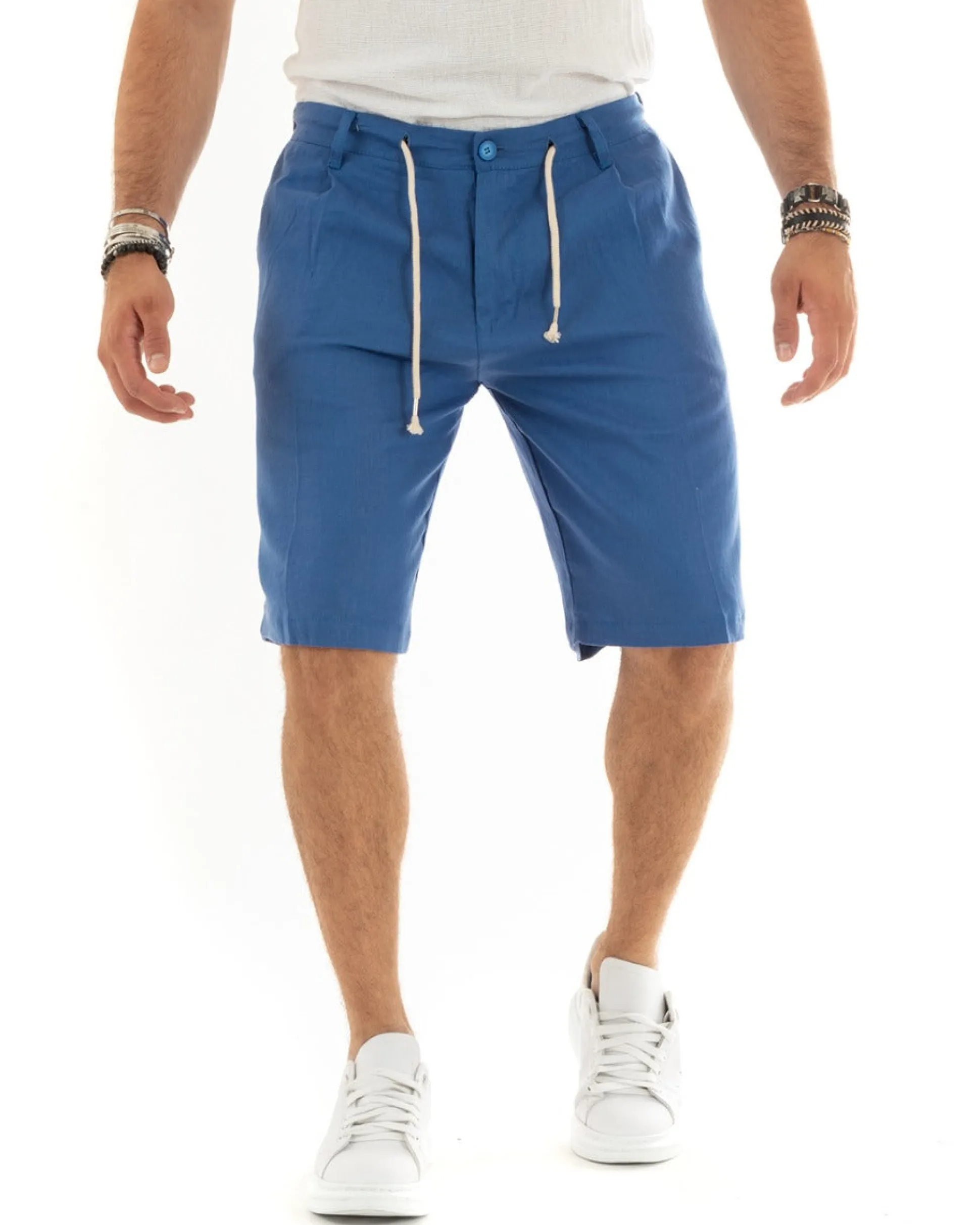 Bermuda Pantaloncini Uomo Corti Lino Sartoriale Con Laccetto Blu Royal GIOSAL-PC1927A