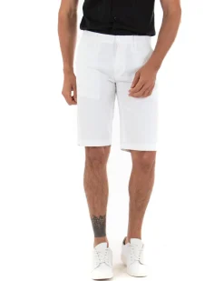 Bermuda Pantaloncini Uomo Corti Classici Casual Basic Con Tasca America Cotone Tinta Unita Bianco GIOSAL-PC1720A