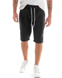 Bermuda Pantaloncini Uomo Corti Lino Pantalaccio Basic Nero GIOSAL-PC1922A