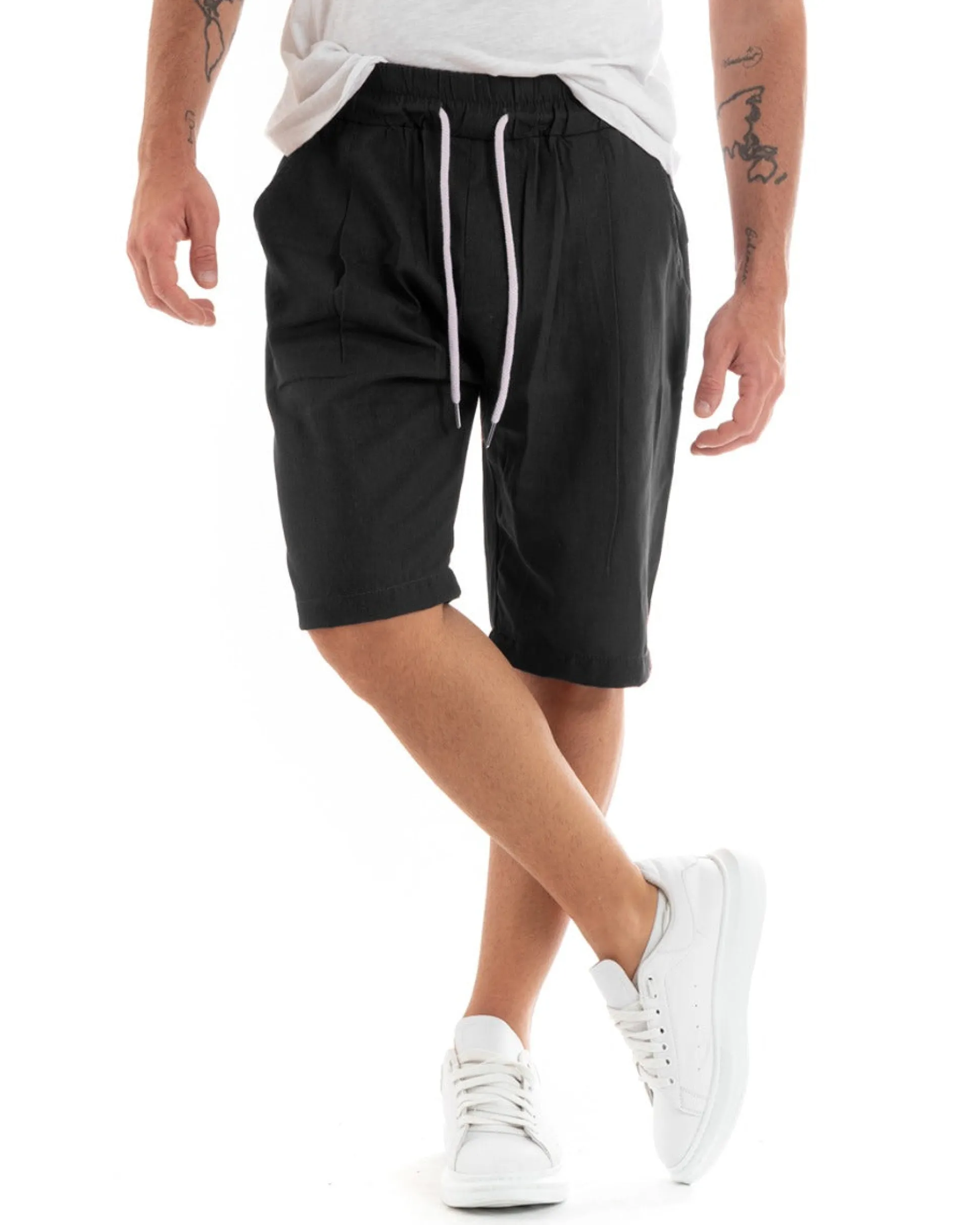Bermuda Pantaloncini Uomo Corti Lino Pantalaccio Basic Nero GIOSAL-PC1922A