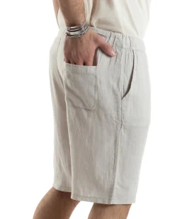 Bermuda Pantaloncini Uomo Corti Lino Jogger Basic Tinta Unita Beige GIOSAL-PC1949A