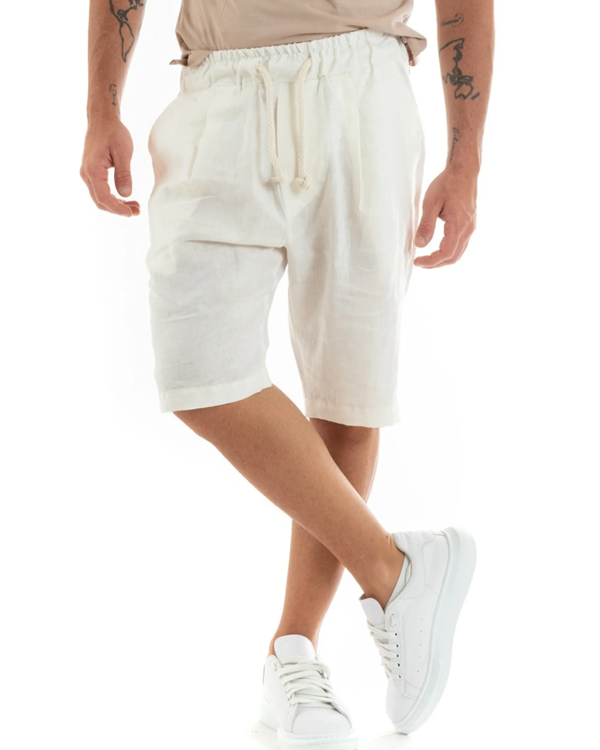Bermuda Pantaloncini Uomo Corti Lino Pantalaccio Basic Bianco GIOSAL-PC1926A