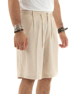 Bermuda pantaloncini uomo corti lino sartoriale con laccetto beige GIOSAL-PC1930A