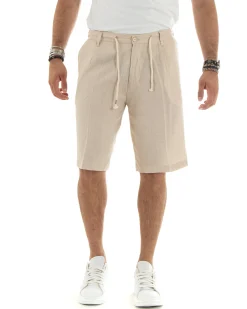 Bermuda pantaloncini uomo corti lino sartoriale con laccetto beige GIOSAL-PC1930A