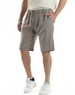 Bermuda Pantaloncini Uomo Corti Lino Jogger Basic Tinta Unita Fango GIOSAL-PC1947A