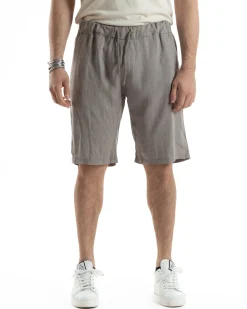 Bermuda Pantaloncini Uomo Corti Lino Jogger Basic Tinta Unita Fango GIOSAL-PC1947A