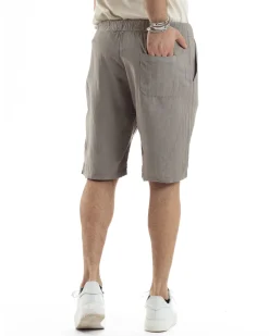 Bermuda Pantaloncini Uomo Corti Lino Jogger Basic Tinta Unita Fango GIOSAL-PC1947A