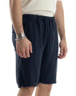 Bermuda Pantaloncini Uomo Corti Lino Jogger Basic Tinta Unita Blu GIOSAL-PC1948A