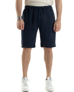 Bermuda Pantaloncini Uomo Corti Lino Jogger Basic Tinta Unita Blu GIOSAL-PC1948A