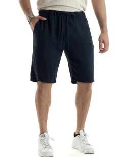 Bermuda Pantaloncini Uomo Corti Lino Jogger Basic Tinta Unita Blu GIOSAL-PC1948A