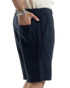 Bermuda Pantaloncini Uomo Corti Lino Jogger Basic Tinta Unita Blu GIOSAL-PC1948A
