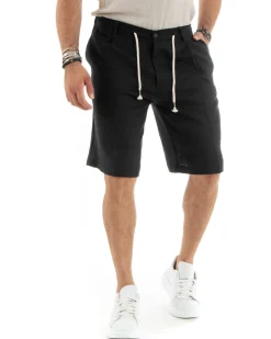 Bermuda pantaloncini uomo corti lino sartoriale con laccetto nero GIOSAL-PC1929A