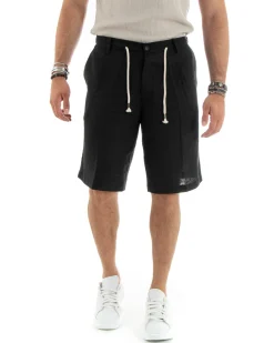 Bermuda pantaloncini uomo corti lino sartoriale con laccetto nero GIOSAL-PC1929A