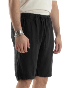 Bermuda Pantaloncini Uomo Corti Lino Jogger Basic Tinta Unita Nero GIOSAL-PC1944A
