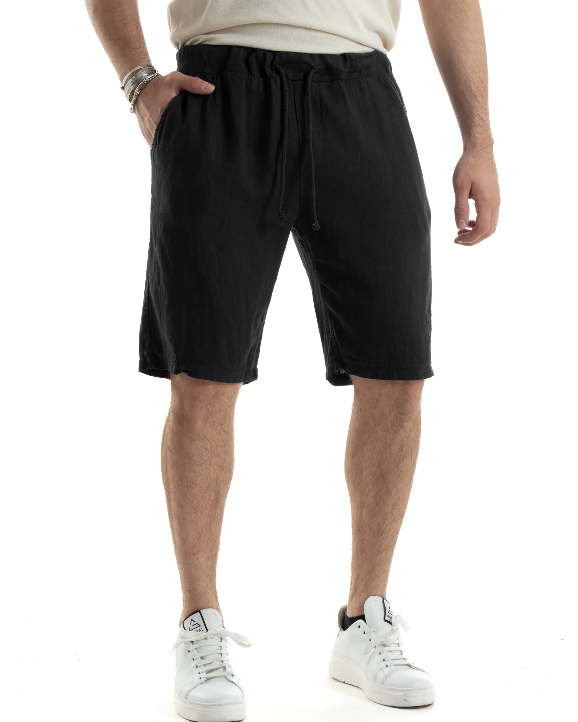 Bermuda Pantaloncini Uomo Corti Lino Jogger Basic Tinta Unita Nero GIOSAL-PC1944A