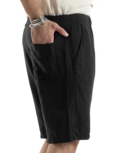 Bermuda Pantaloncini Uomo Corti Lino Jogger Basic Tinta Unita Nero GIOSAL-PC1944A