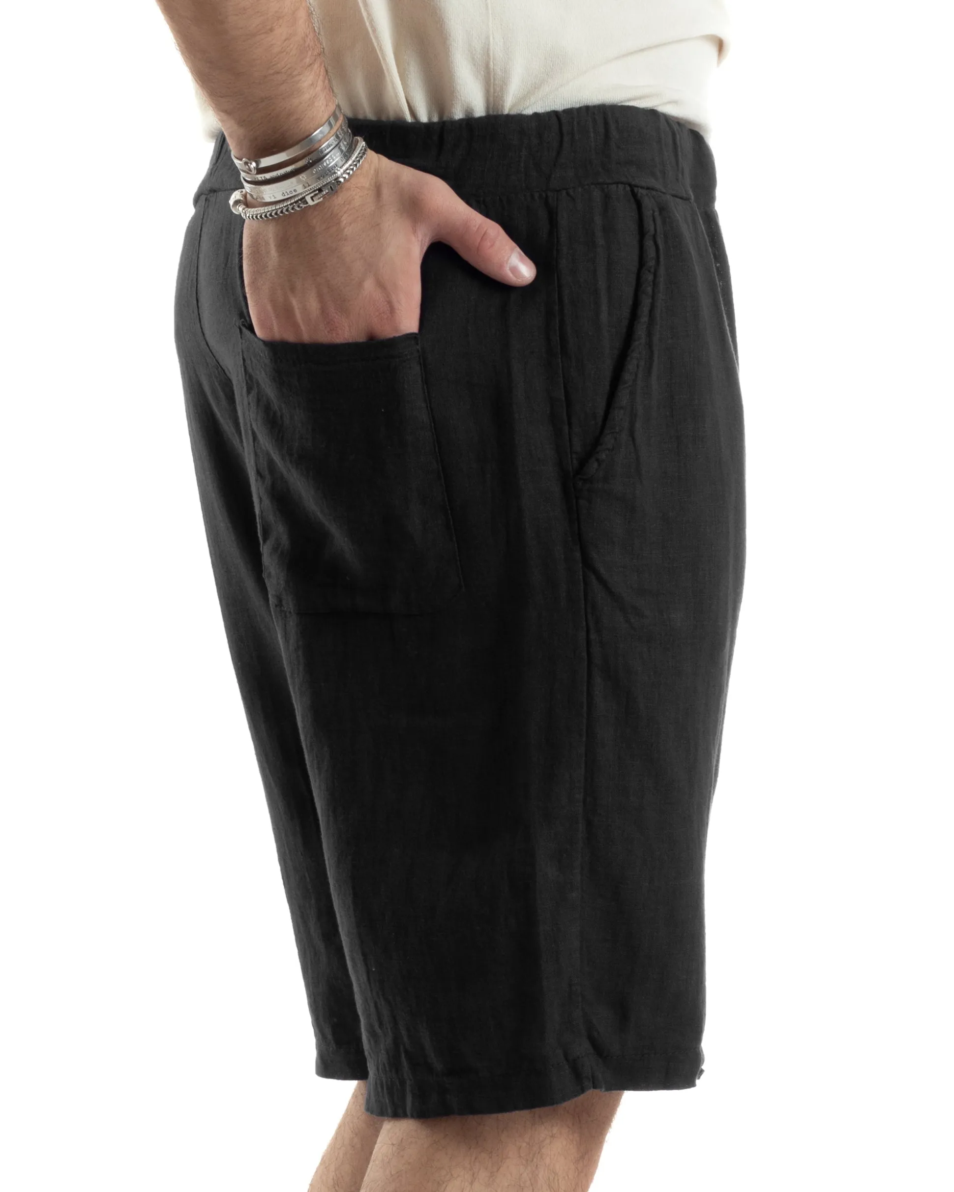 Bermuda Pantaloncini Uomo Corti Lino Jogger Basic Tinta Unita Nero GIOSAL-PC1944A