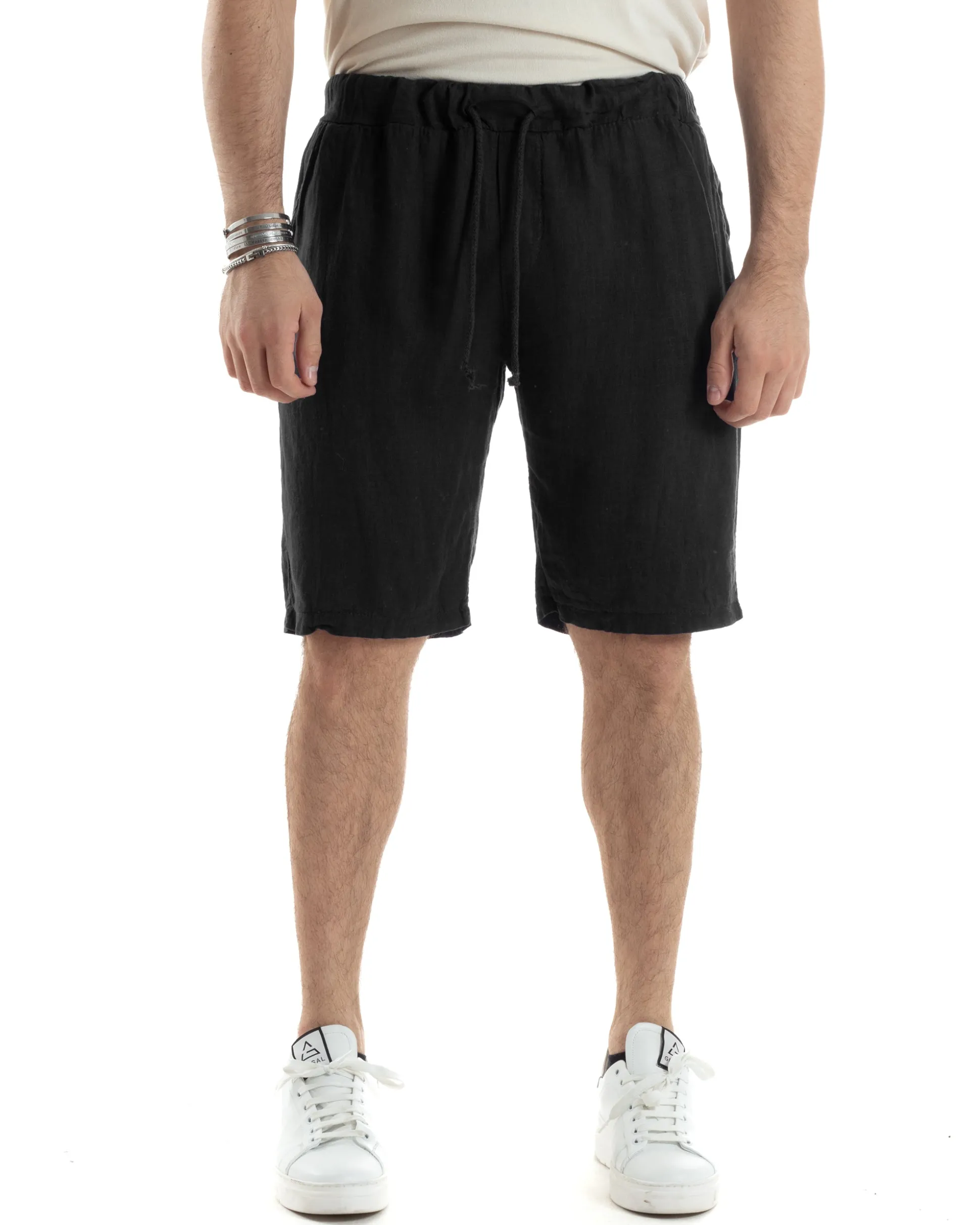 Bermuda Pantaloncini Uomo Corti Lino Jogger Basic Tinta Unita Nero GIOSAL-PC1944A