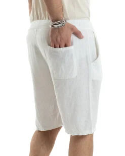 Bermuda Pantaloncini Uomo Corti Lino Jogger Basic Tinta Unita Bianco GIOSAL-PC1945A