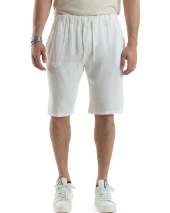 Bermuda Pantaloncini Uomo Corti Lino Jogger Basic Tinta Unita Bianco GIOSAL-PC1945A