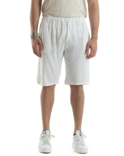 Bermuda Pantaloncini Uomo Corti Lino Jogger Basic Tinta Unita Bianco GIOSAL-PC1945A