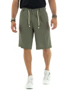 Bermuda pantaloncini uomo corti lino sartoriale con laccetto verde GIOSAL-PC1931A