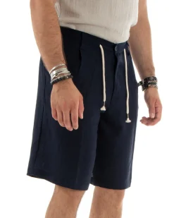 Bermuda pantaloncini uomo corti lino sartoriale con laccetto blu GIOSAL-PC1928A