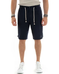 Bermuda pantaloncini uomo corti lino sartoriale con laccetto blu GIOSAL-PC1928A