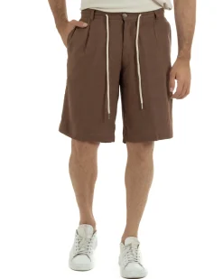 Bermuda pantaloncini uomo corti lino sartoriale con laccetto marrone GIOSAL-PC2047A