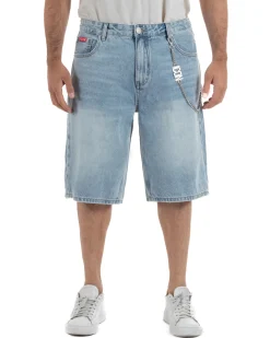 Bermuda pantaloncini uomo jeans oversize con catena e logo street style denim ICON-IUD007