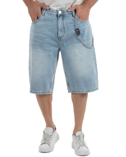 Bermuda pantaloncini uomo jeans oversize con catena e logo street style denim ICON-IUD007