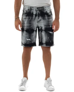 Bermuda pantaloncini uomo jeans abrasioni effetto tie-dye used denim nero GIOSAL-PC2057A
