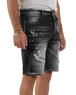 Bermuda pantaloncini uomo jeans rotture cinque tasche effetto used denim nero GIOSAL-PC2055A