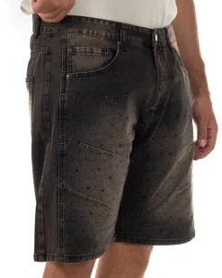Bermuda pantaloncini uomo jeans con strass cinque tasche denim marrone GIOSAL-PC2053A