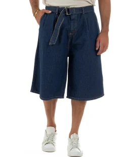 Bermuda pantaloncini uomo jeans oversize wide leg cintura coordinata denim scuro GIOSAL-PC2050A