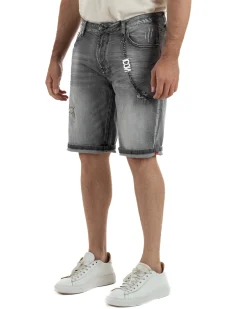 Bermuda pantaloncini uomo jeans rotture con catena e logo street style denim nero ICON-IUD031