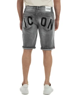 Bermuda pantaloncini uomo jeans rotture con catena e logo street style denim nero ICON-IUD031