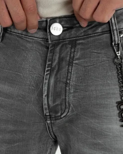 Bermuda pantaloncini uomo jeans rotture con catena e logo street style denim nero ICON-IUD031