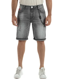 Bermuda pantaloncini uomo jeans rotture con catena e logo street style denim nero ICON-IUD031